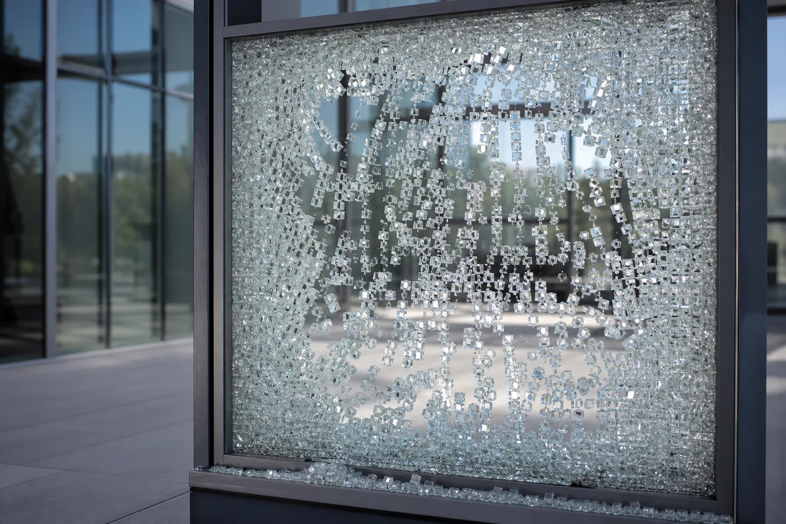 Panneau de verre trempé brisé en petits fragments cubiques dans son cadre — brisure spontanée du verre trempé — Vitralux Bradtke Luxembourg